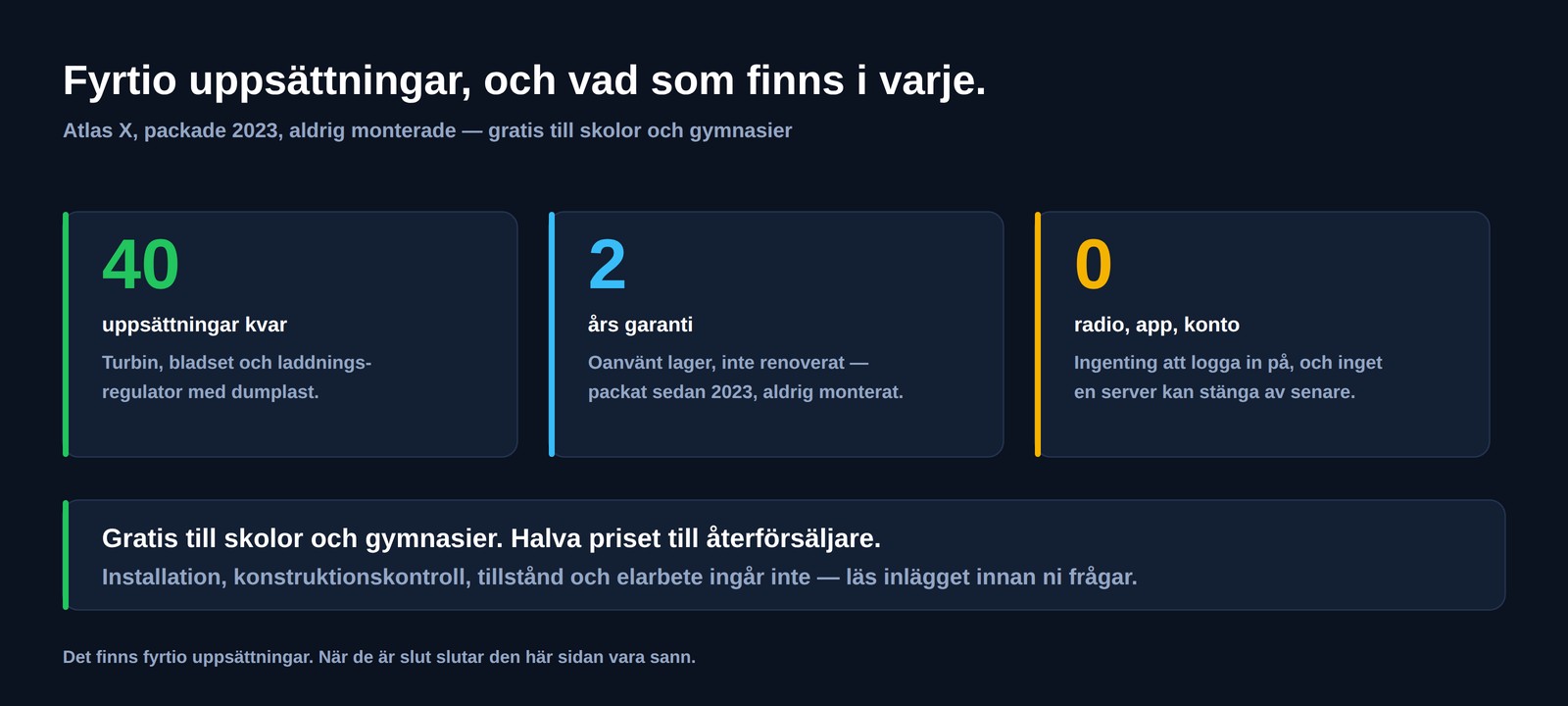 Fyrtio uppsättningar tillgängliga, två års garanti och noll radioenheter, appar eller konton — gratis till skolor och gymnasier, halva priset till återförsäljare