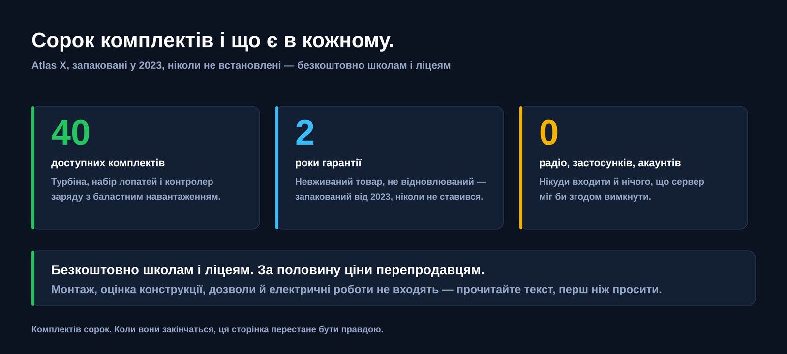 Сорок доступних комплектів, два роки гарантії і нуль радіомодулів, застосунків чи облікових записів &mdash; безкоштовно школам і ліцеям, за половину ціни перепродавцям