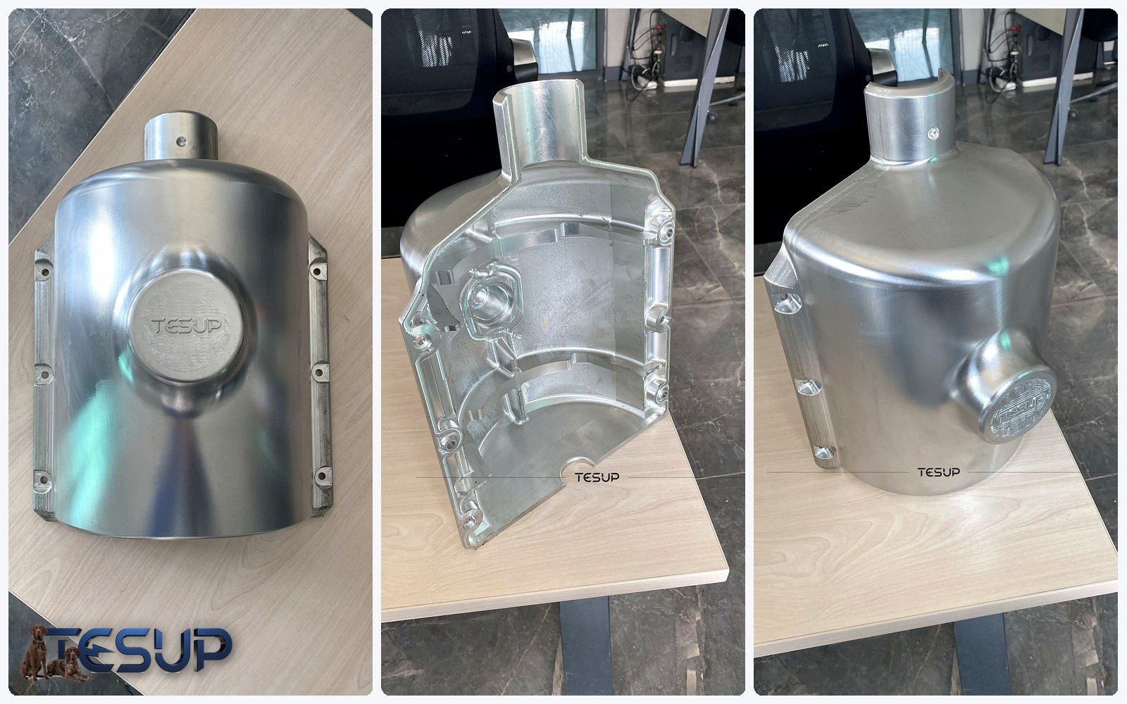 Three machined aluminium parts for the Magnum body on a workbench, each with a clean, bright machined finish and a small TESUP mark