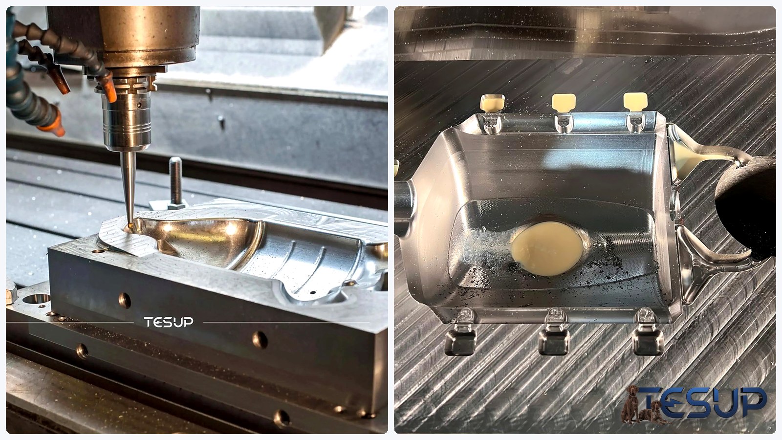 Left: a CNC cutter machining the cavity of a steel mould. Right: a cast aluminium Magnum body resting on a mould plate