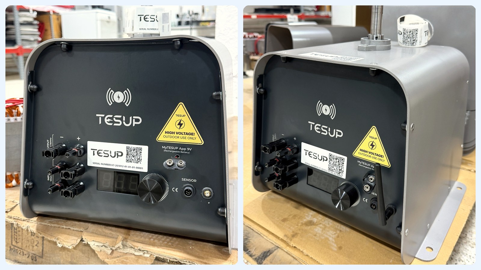 Dos generadores Atlas con su panel de regulador de carga integrado: conectores, pantalla, selector, toma para sensor y una etiqueta TESUP con número de serie