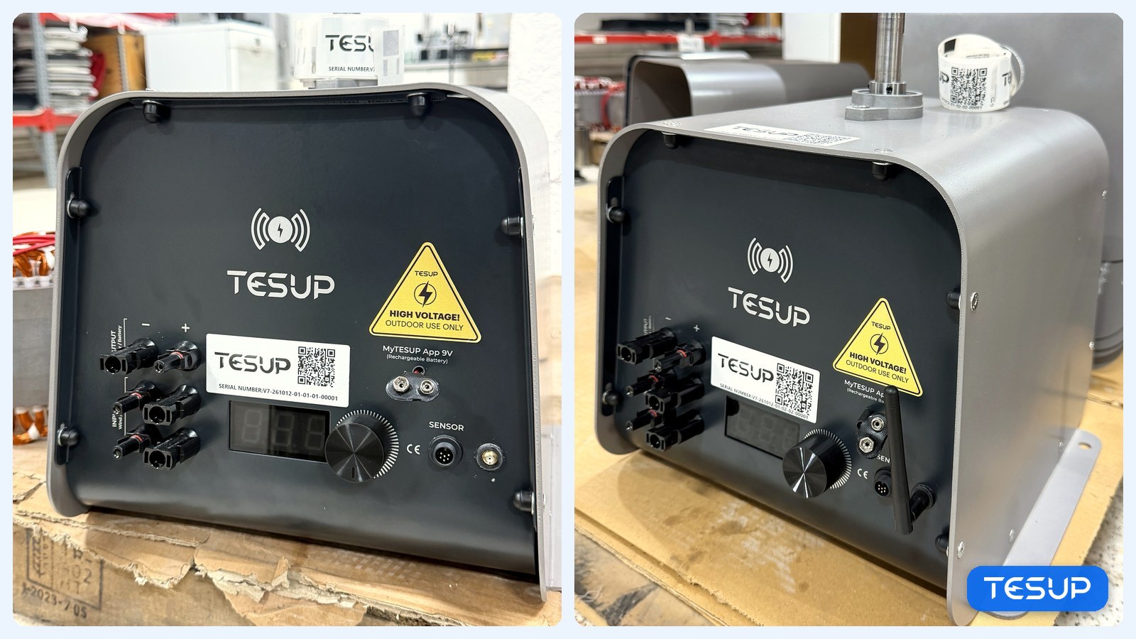 Two Atlas generators with their built-in charge controller panel: connectors, display, dial, sensor socket and a TESUP serial-number label