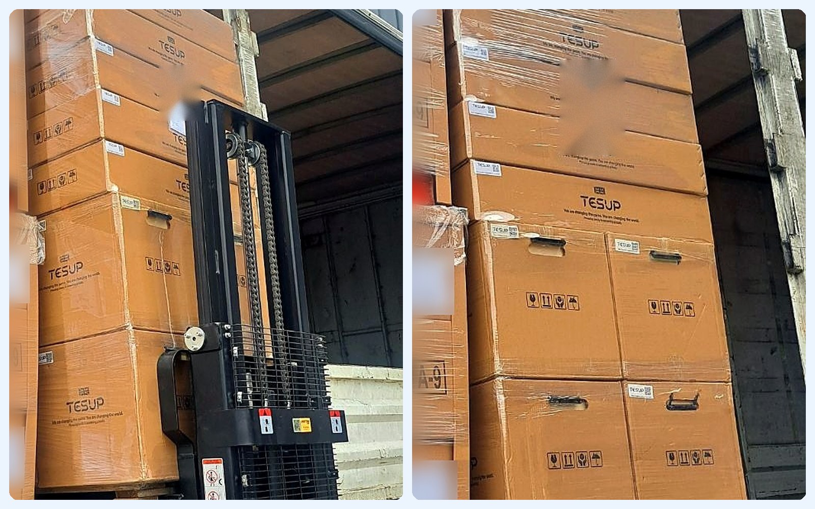 Izquierda: un apilador introduce en un camión un palé alto de cajas TESUP envuelto en film estirable. Derecha: palés TESUP cargados y embalados en el camión