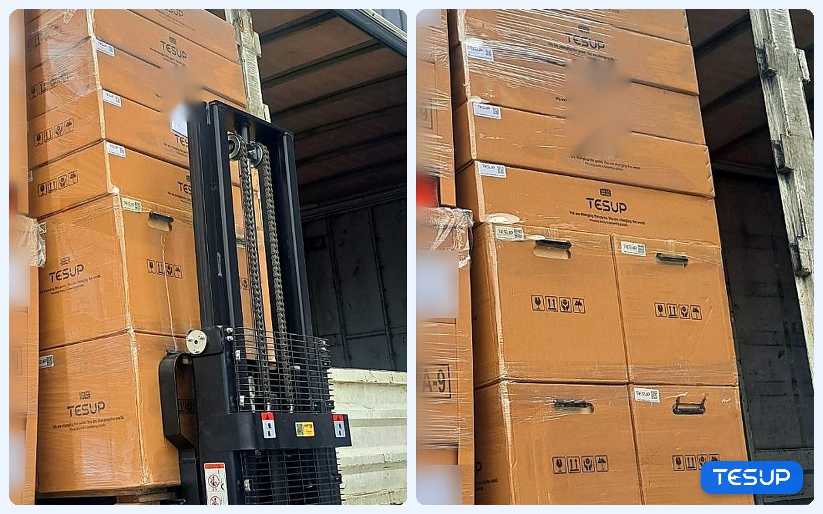 Left: a stacker pushes a tall, stretch-wrapped pallet of TESUP boxes into a truck. Right: TESUP pallets loaded and wrapped in the truck