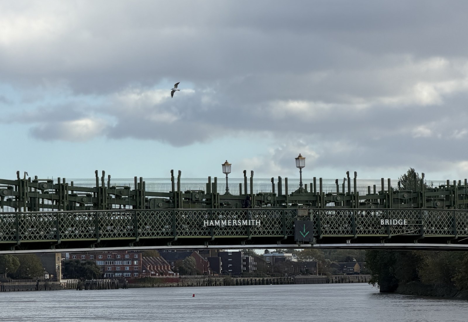 Hammersmith Bridge with its name on the railing under a cloudy sky, a gull flying above