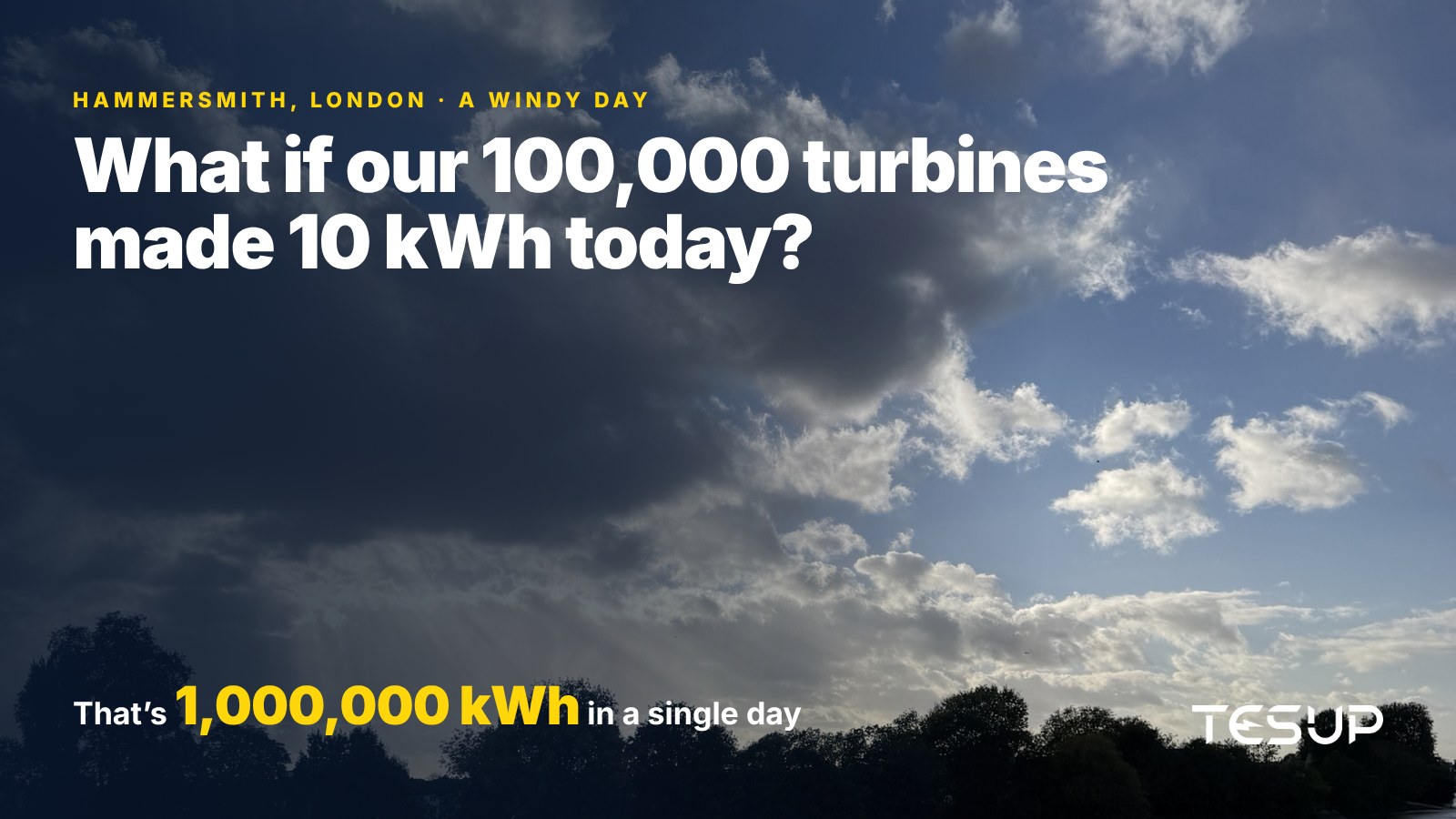 Sun rays breaking through clouds over the Thames at Hammersmith with the headline: what if our 100,000 turbines made 10 kWh today