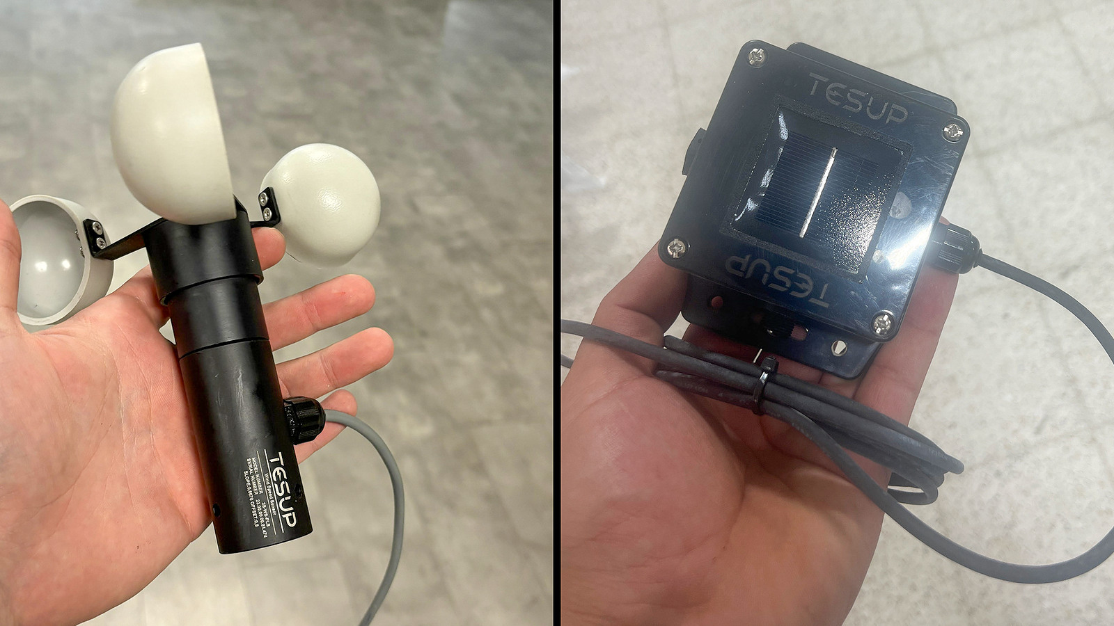 A TESUP anemometer and a TESUP pyranometer, each held in one hand