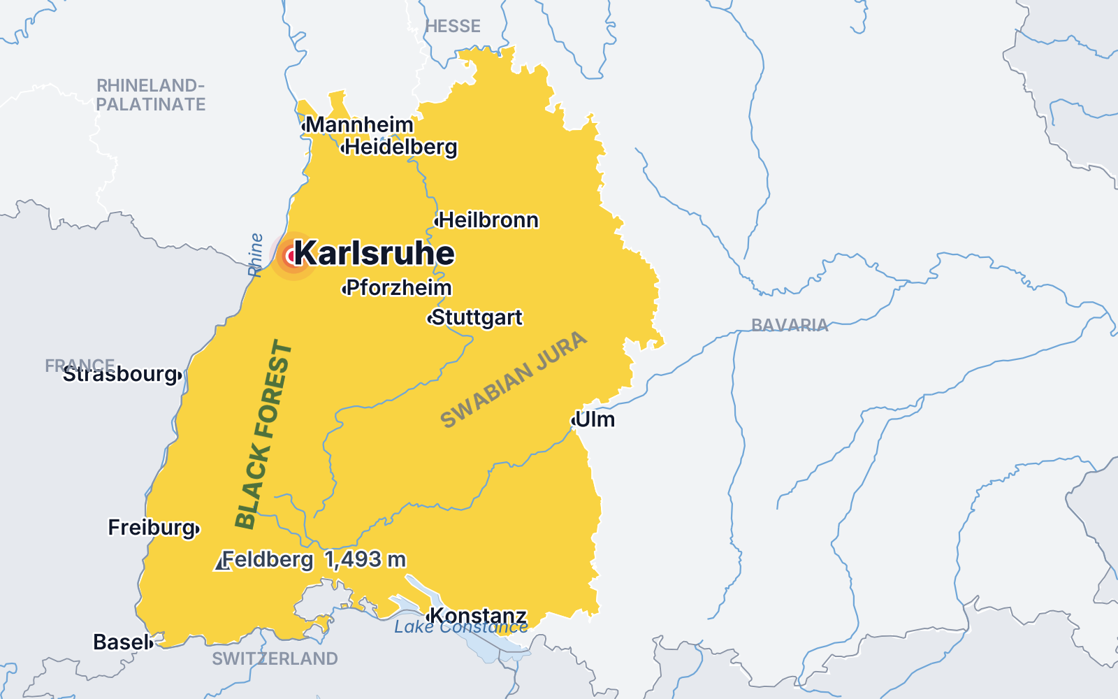 Map of Baden-Württemberg showing Karlsruhe on the Rhine, Stuttgart, Freiburg, the Black Forest, the Feldberg and Lake Constance