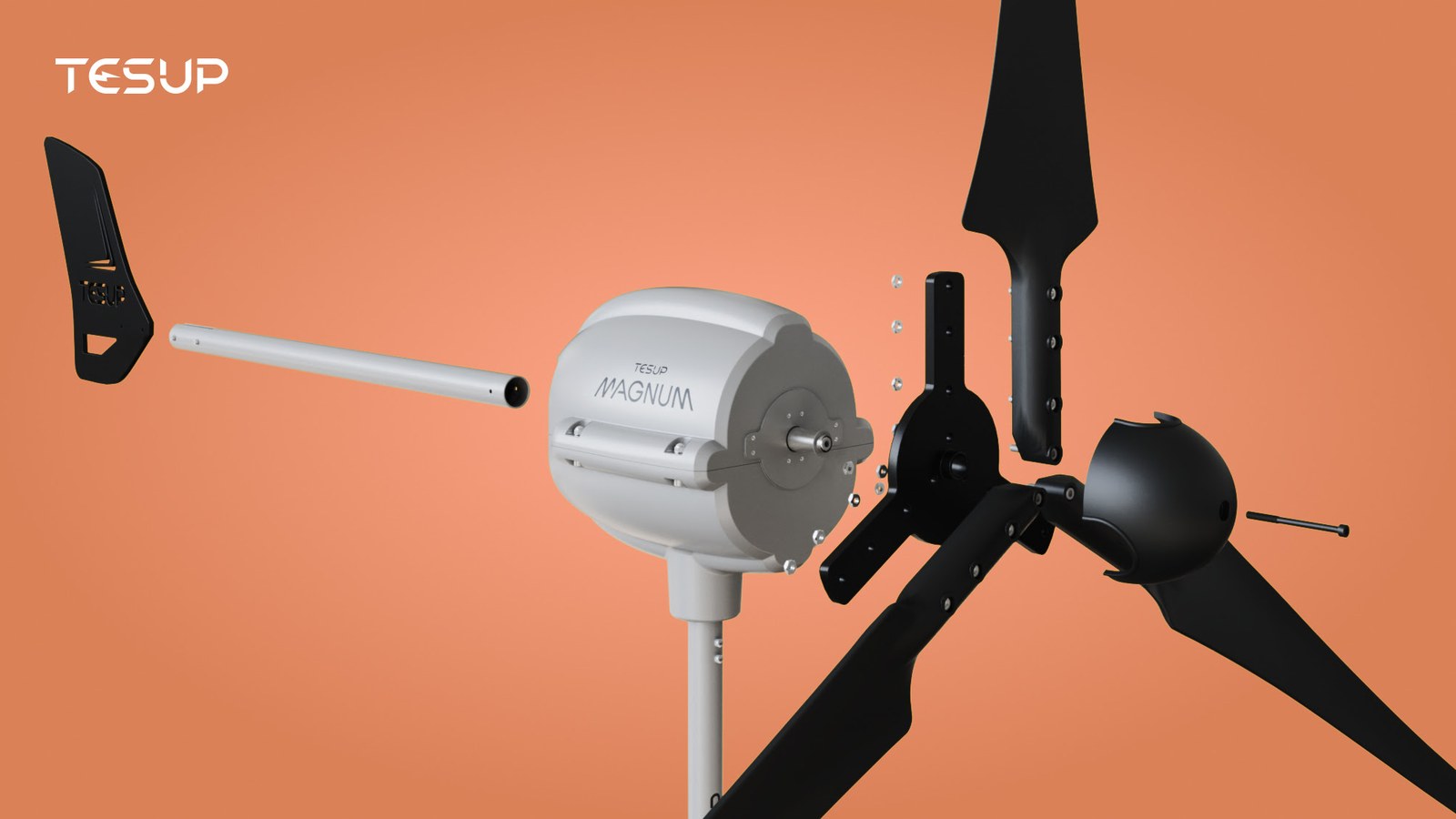 Rendering of the TESUP Magnum turbine body, tail fin and three black blades laid out as a kit
