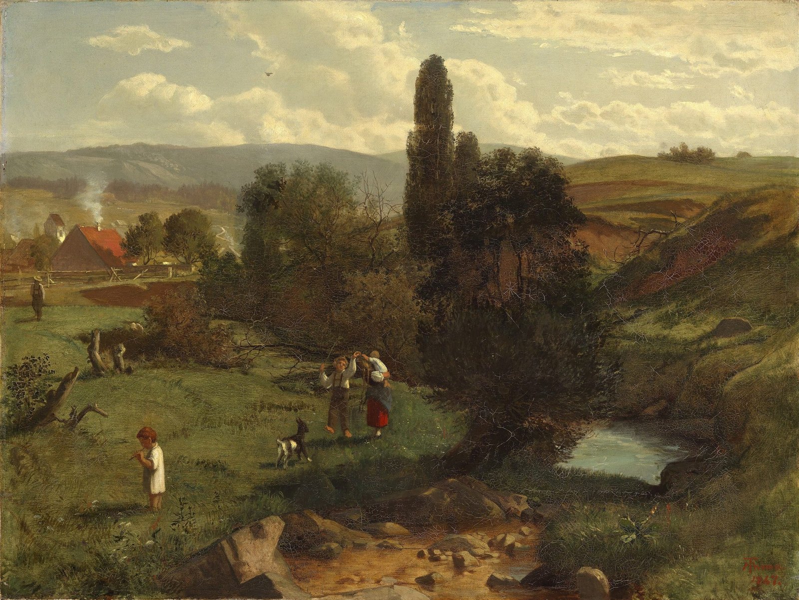 Hans Thoma's 1867 painting Black Forest Landscape with hills, a stream and farm children