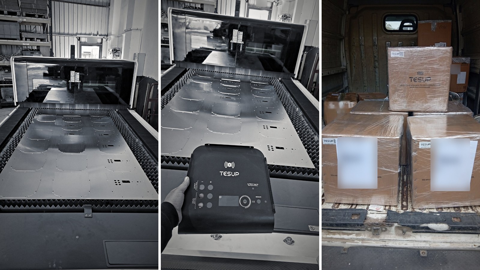 Une table de découpe laser avec des capots TESUP Atlas découpés dans une seule tôle, une façade Atlas gris foncé terminée et des cartons TESUP chargés dans une camionnette