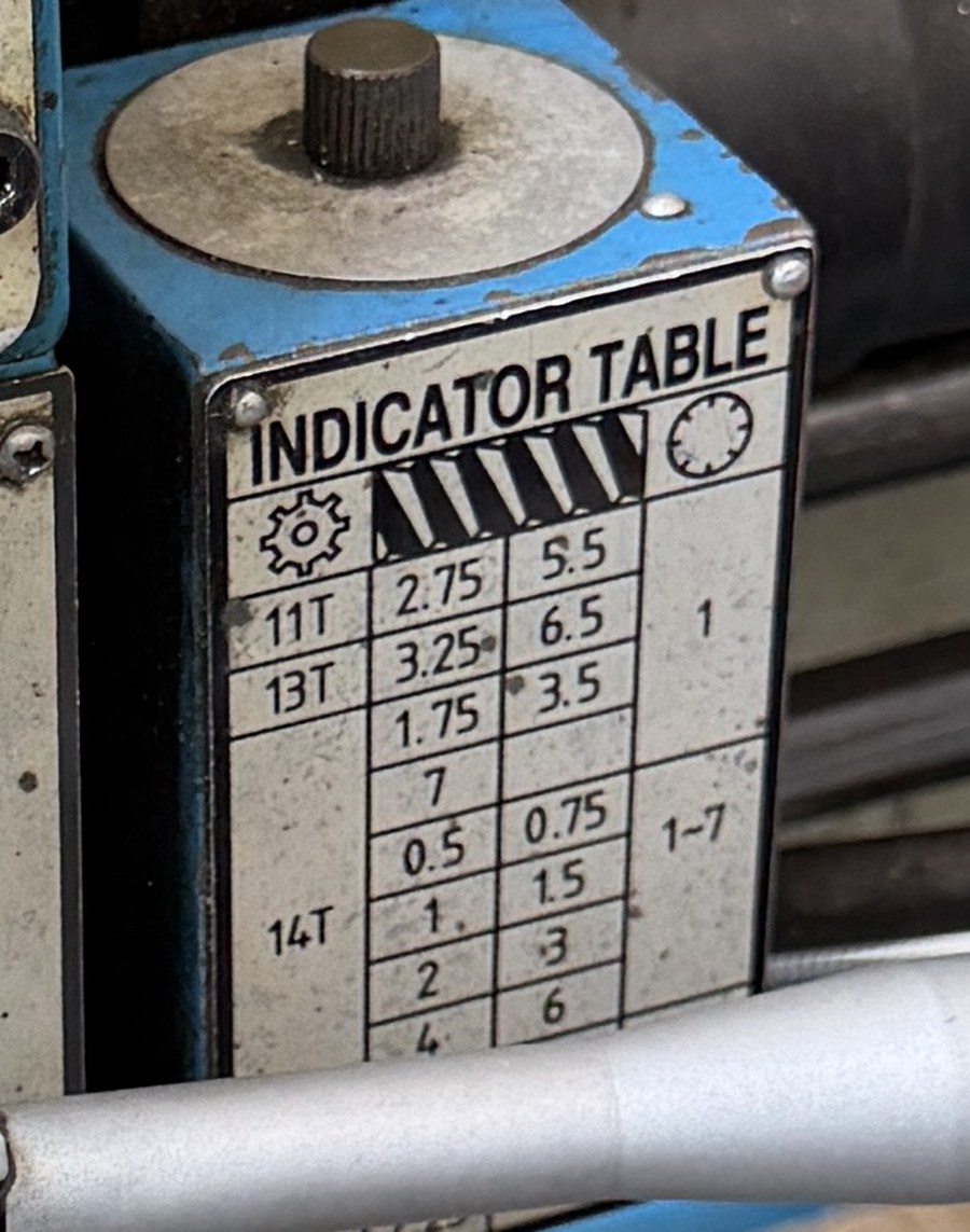 Close-up of the engraved threading indicator table on the lathe carriage, listing thread pitches against gear tooth counts of 11T, 13T and 14T and the dial lines to use for each