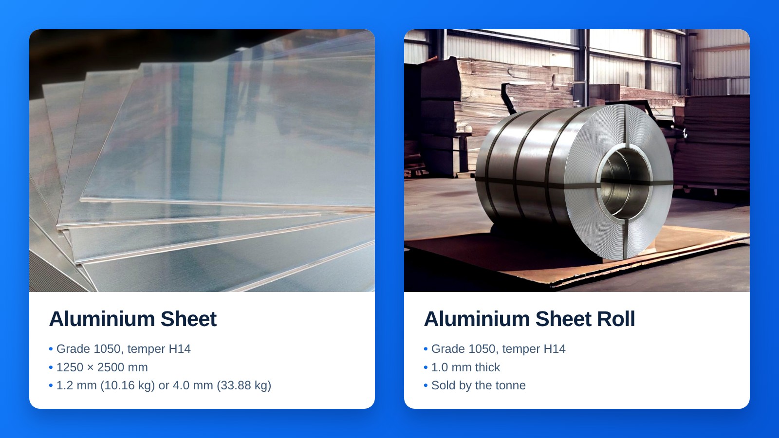 Zwei Produktkarten auf blauem Hintergrund: ein Fächer aus glänzenden Aluminiumblechen und eine große Aluminiumblechrolle