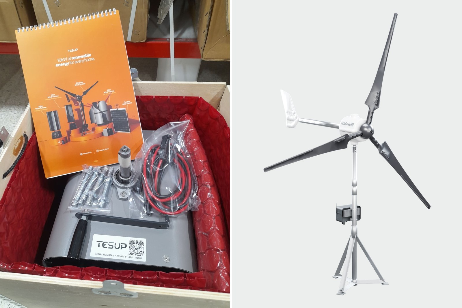 An Atlas body packed in its crate next to a white TESUP Magnum horizontal wind turbine on its tripod