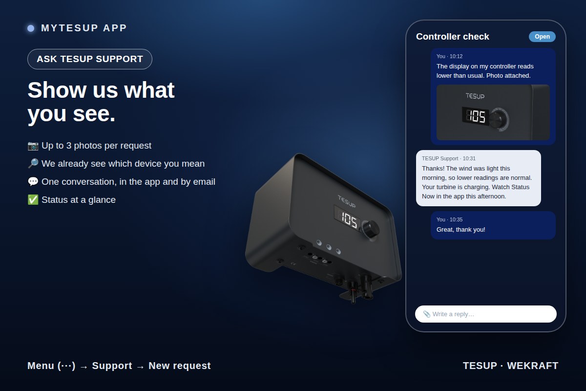 Une demande de support dans l’application MyTESUP avec une photo de l’écran du régulateur de charge et une réponse du support TESUP