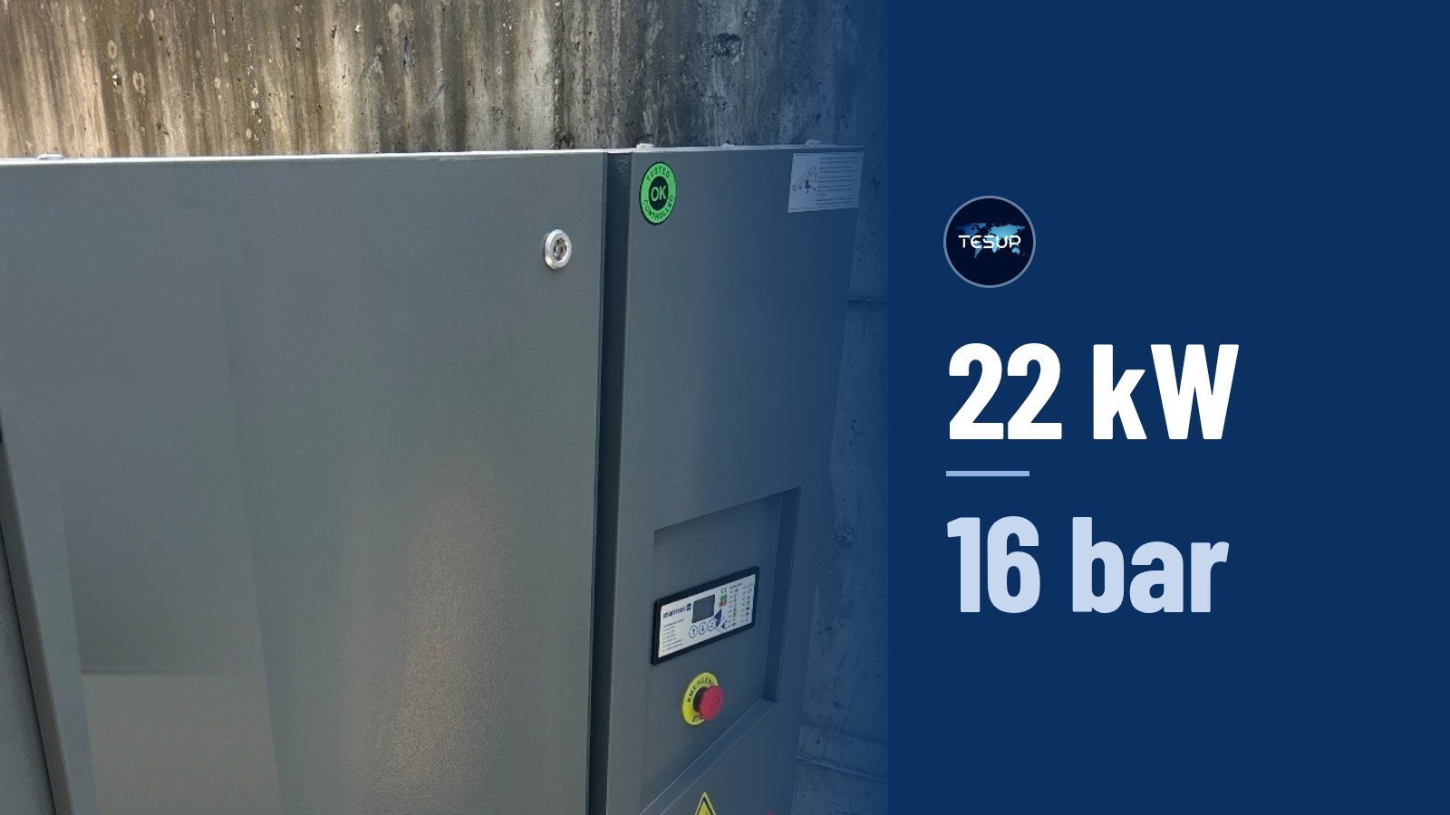 Uusi 22 kW:n paineilmakompressori 16 baarille, toimitettuna TESUPin tuotantopaikalle