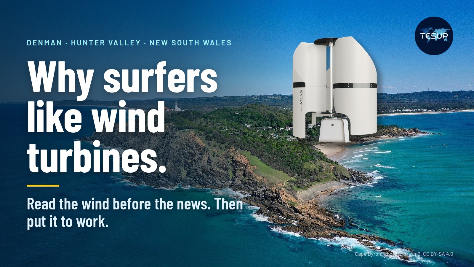 A TESUP Atlas vertical wind turbine with the Low-Wind blade set on the green headland at Cape Byron, New South Wales