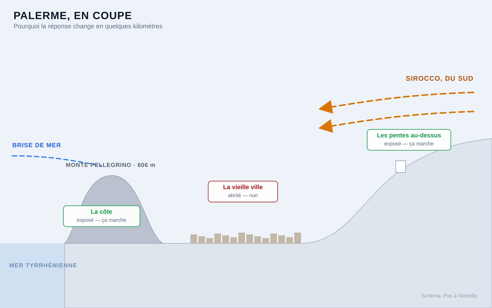 Coupe schématique de Palerme montrant la mer, le Monte Pellegrino, le tissu urbain dense et les pentes derrière, avec des flèches de vent