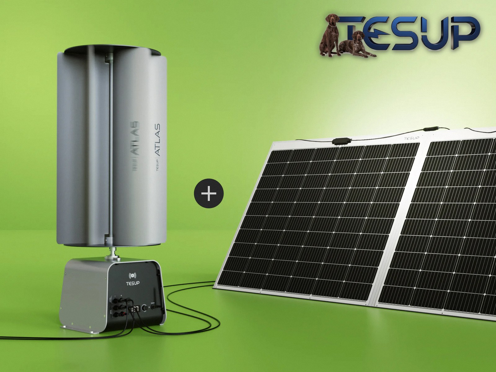 TESUP Atlas vertical wind turbine next to solar panels