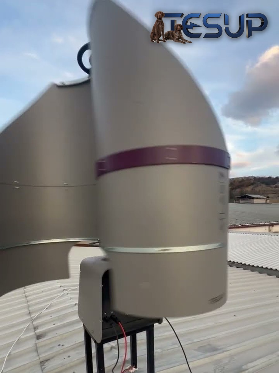 TESUP Atlas vertical wind turbine spinning on a rooftop