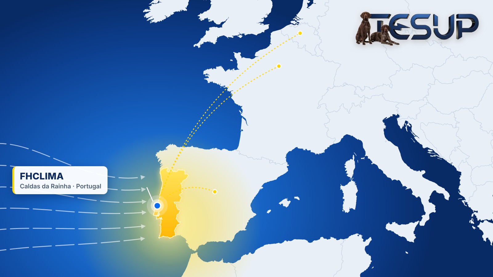 Map of Europe with Portugal highlighted in gold, Atlantic wind arrows and a pin at Caldas da Rainha