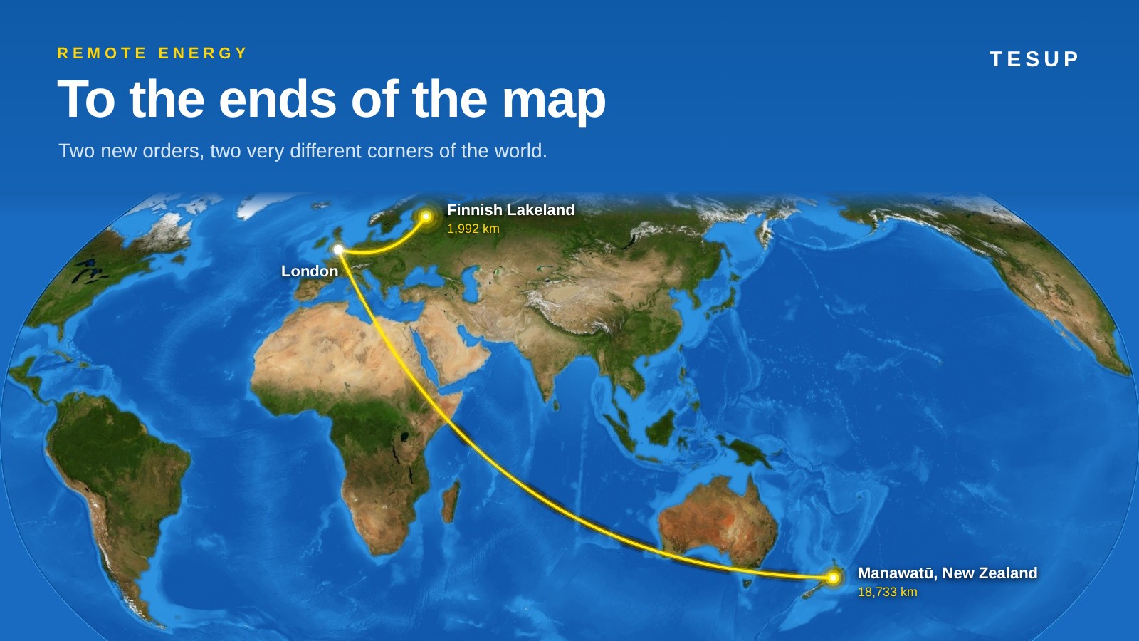 Mapa-múndi noturno com linhas brilhantes ligando Londres a Manawatū, na Nova Zelândia, e à Região dos Lagos da Finlândia
