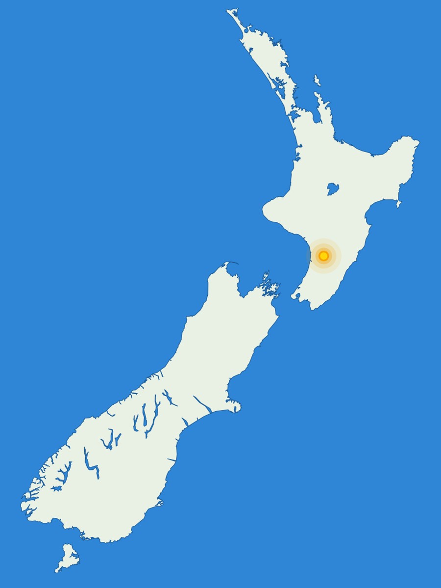 Mapa da Nova Zelândia com um marcador brilhante sobre a região de Manawatū, na Ilha Norte