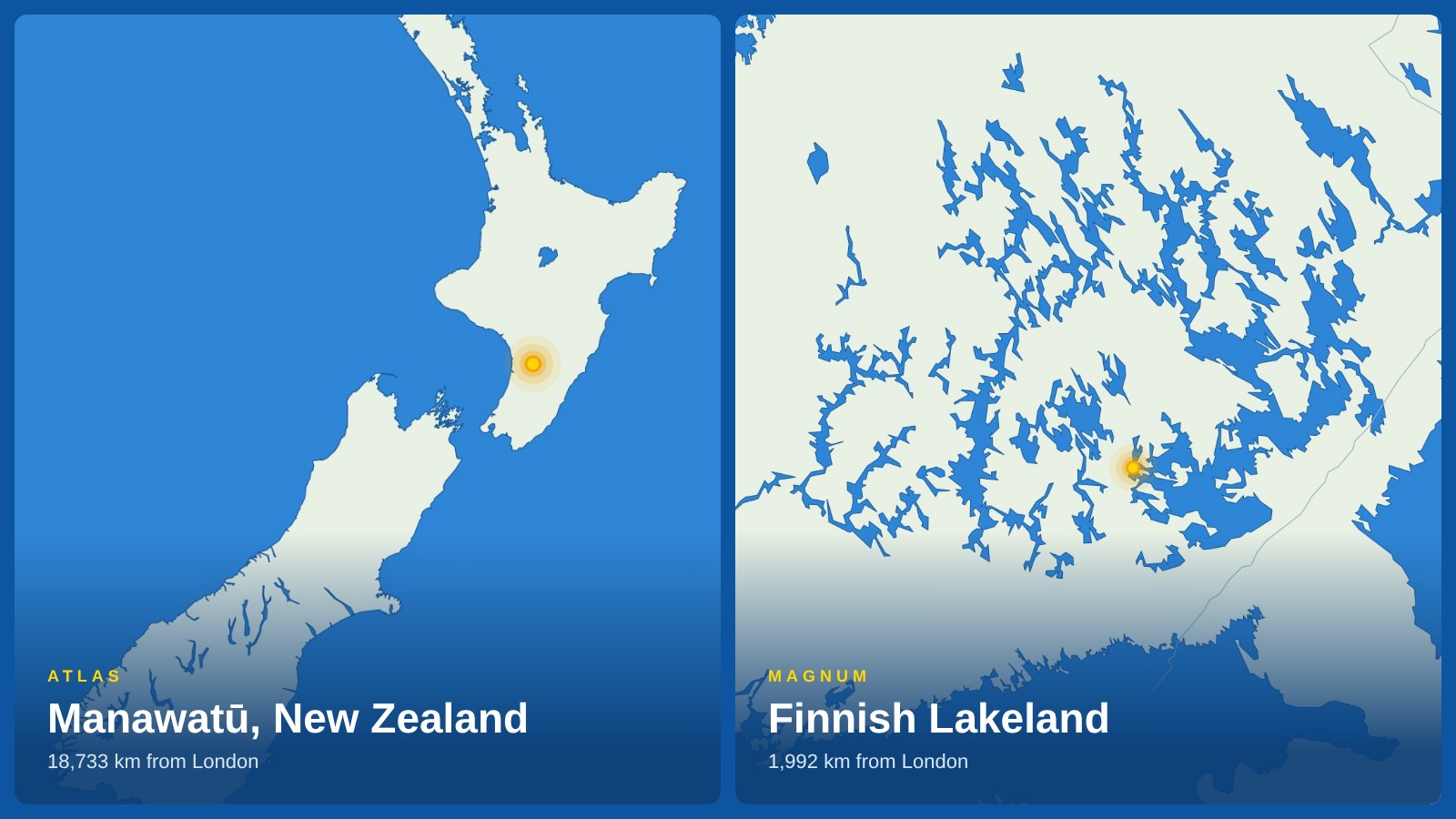 Dois mapas lado a lado: Manawatū, na Nova Zelândia, com um marcador brilhante, e a Região dos Lagos da Finlândia, com seus muitos lagos e um marcador brilhante