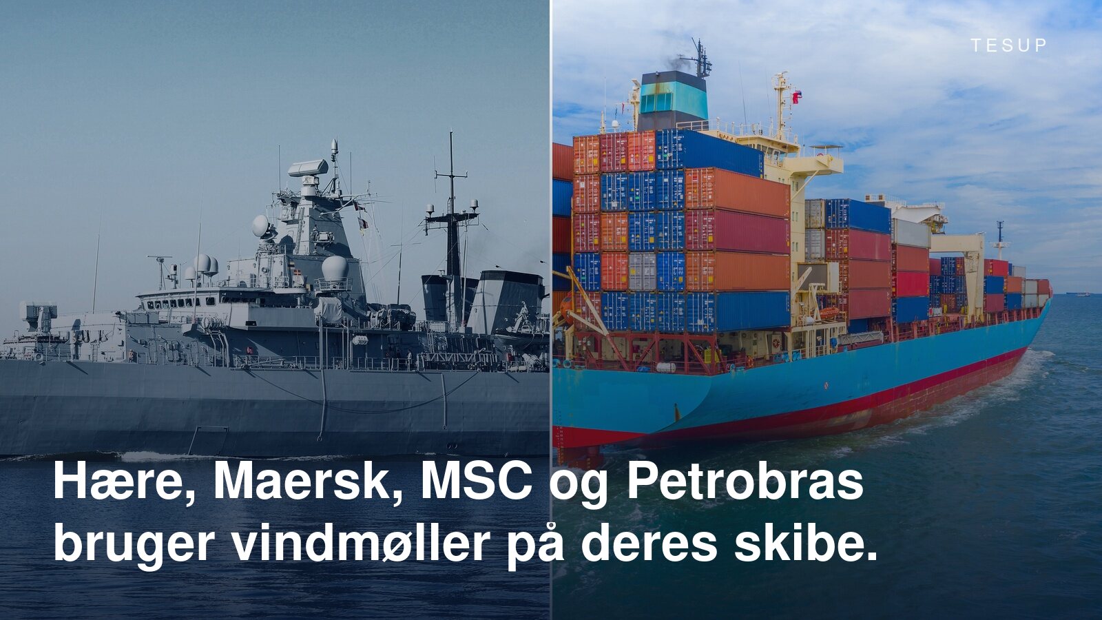 Et krigsskib og et lastet containerskib på havet