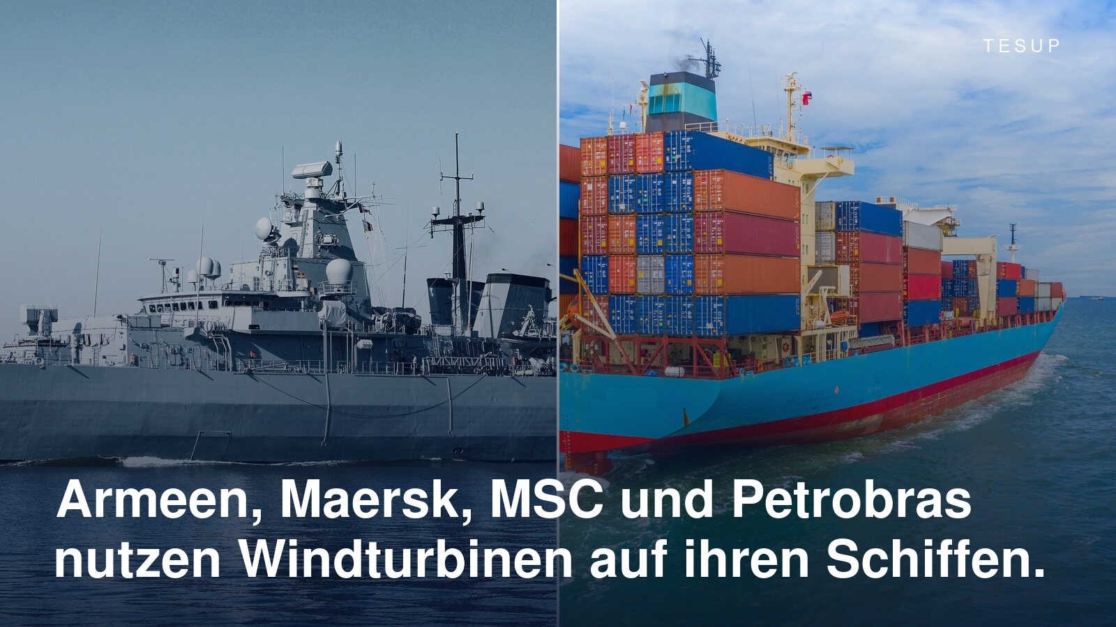 Ein Kriegsschiff und ein beladenes Containerschiff auf See