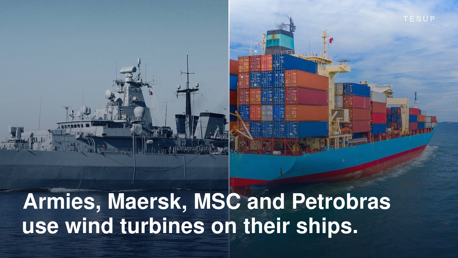 A naval warship and a loaded container ship at sea