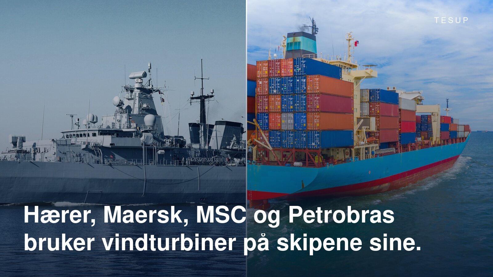 Et krigsskip og et lastet containerskip til sjøs