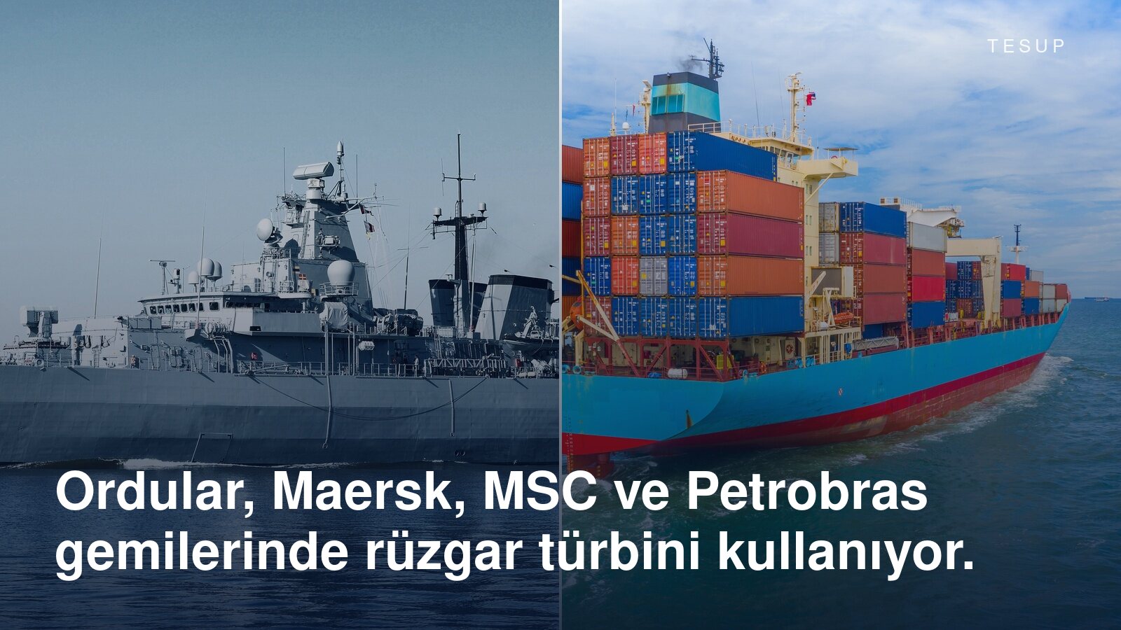 Denizde bir savaş gemisi ve yüklü bir konteyner gemisi