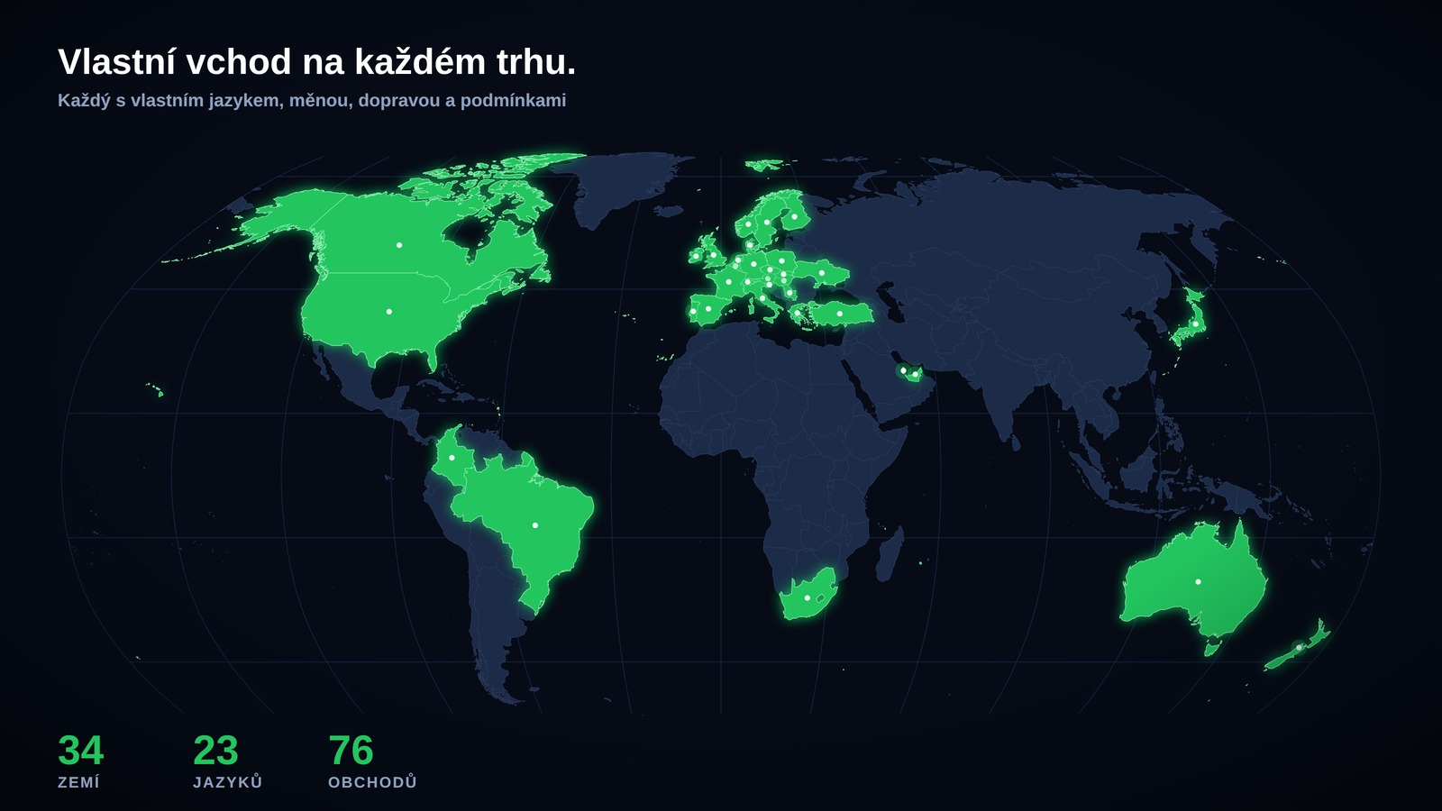 Mapa světa se 34 zeměmi, které mají vlastní obchod TESUP ve vlastním jazyce a měně