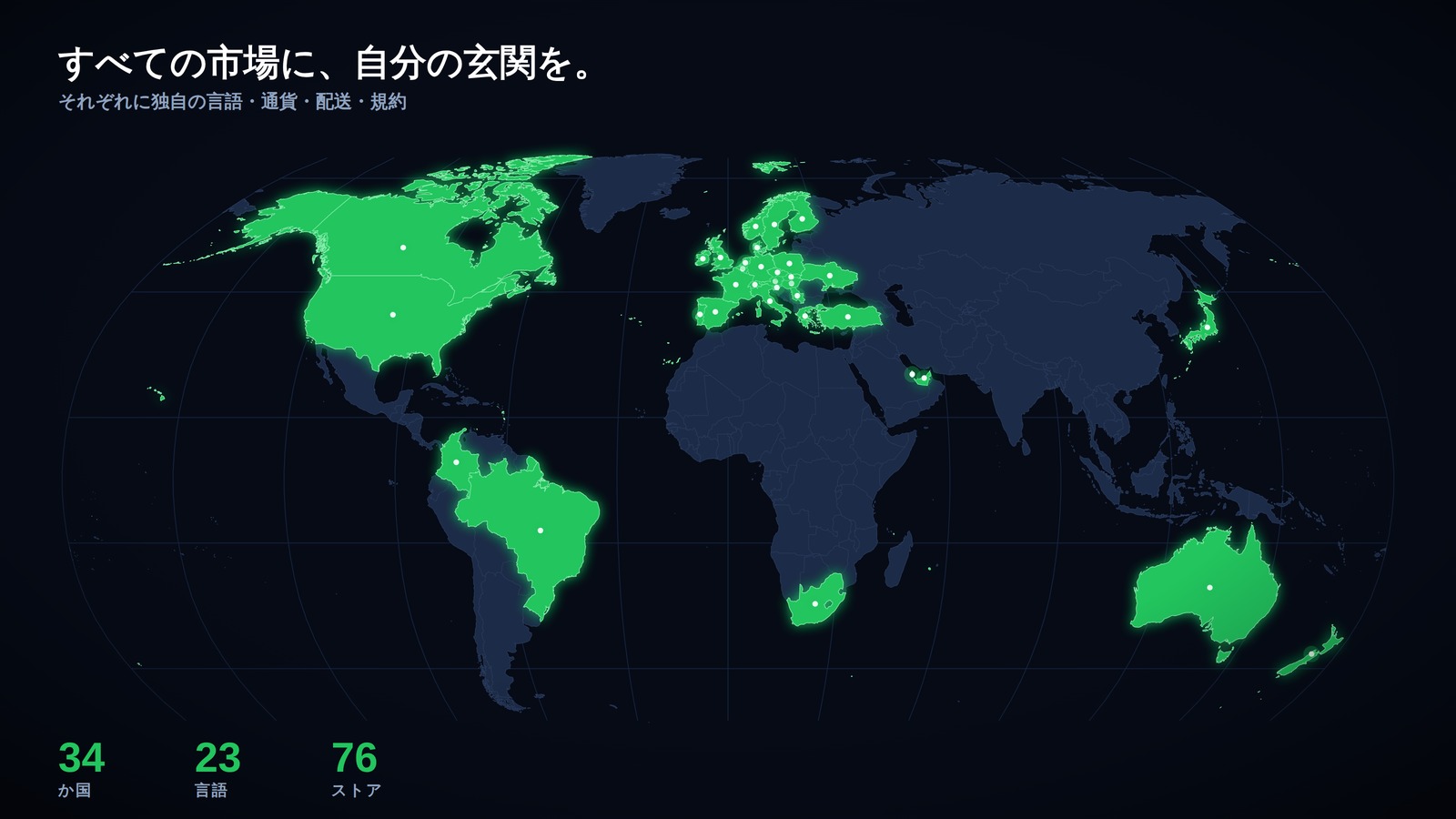 自国語・自国通貨の専用TESUPストアを持つ34か国を示した世界地図