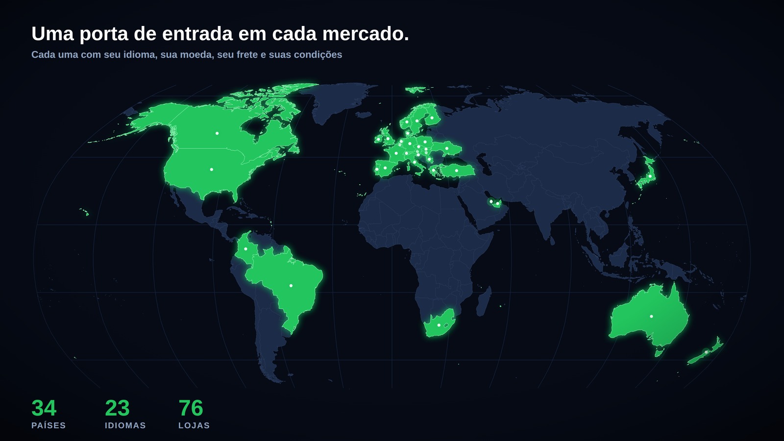 Mapa-múndi com os 34 países que têm loja TESUP própria no idioma e na moeda locais