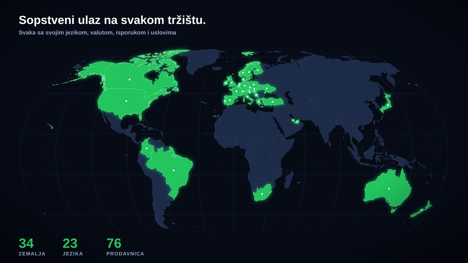 Mapa sveta sa 34 zemlje koje imaju sopstvenu TESUP prodavnicu na svom jeziku i u svojoj valuti