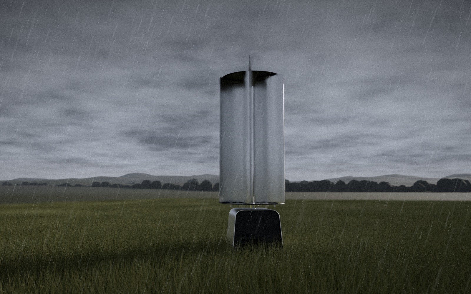 TESUP Atlas vertical wind turbine with six High-Wind blades in a grass field during a rain storm
