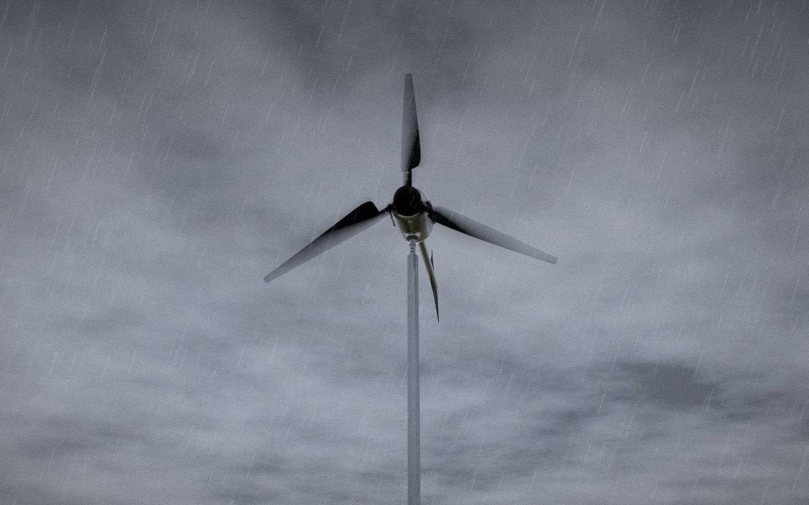 TESUP Magnum horizontal wind turbine spinning fast on its mast under dark storm clouds