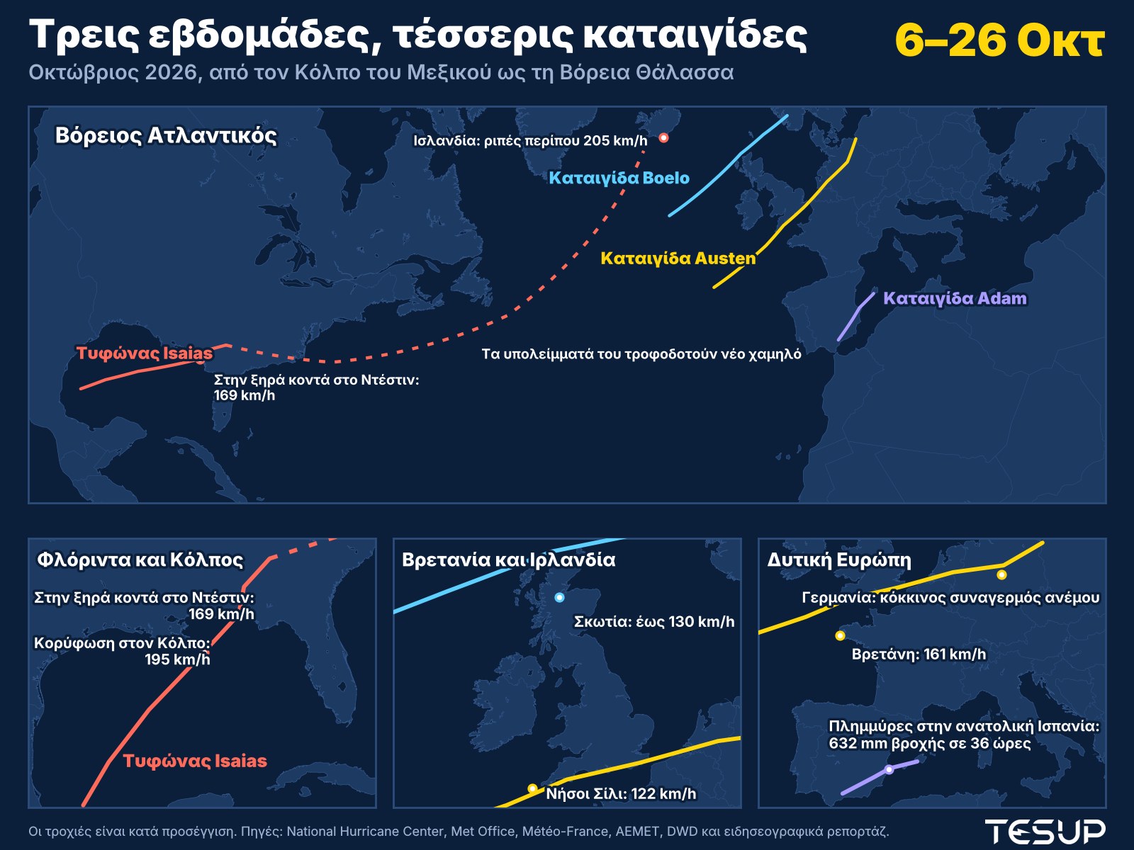 Κινούμενος χάρτης των καταιγίδων του Οκτωβρίου 2026: ο τυφώνας Isaias πλήττει τη Φλόριντα, τα υπολείμματά του τροφοδοτούν ένα βαθύ χαμηλό κοντά στην Ισλανδία, η καταιγίδα Adam φέρνει πλημμύρες στην ανατολική Ισπανία και οι καταιγίδες Austen και Boelo διασχίζουν το Ηνωμένο Βασίλειο, τη Γαλλία και τη Γερμανία