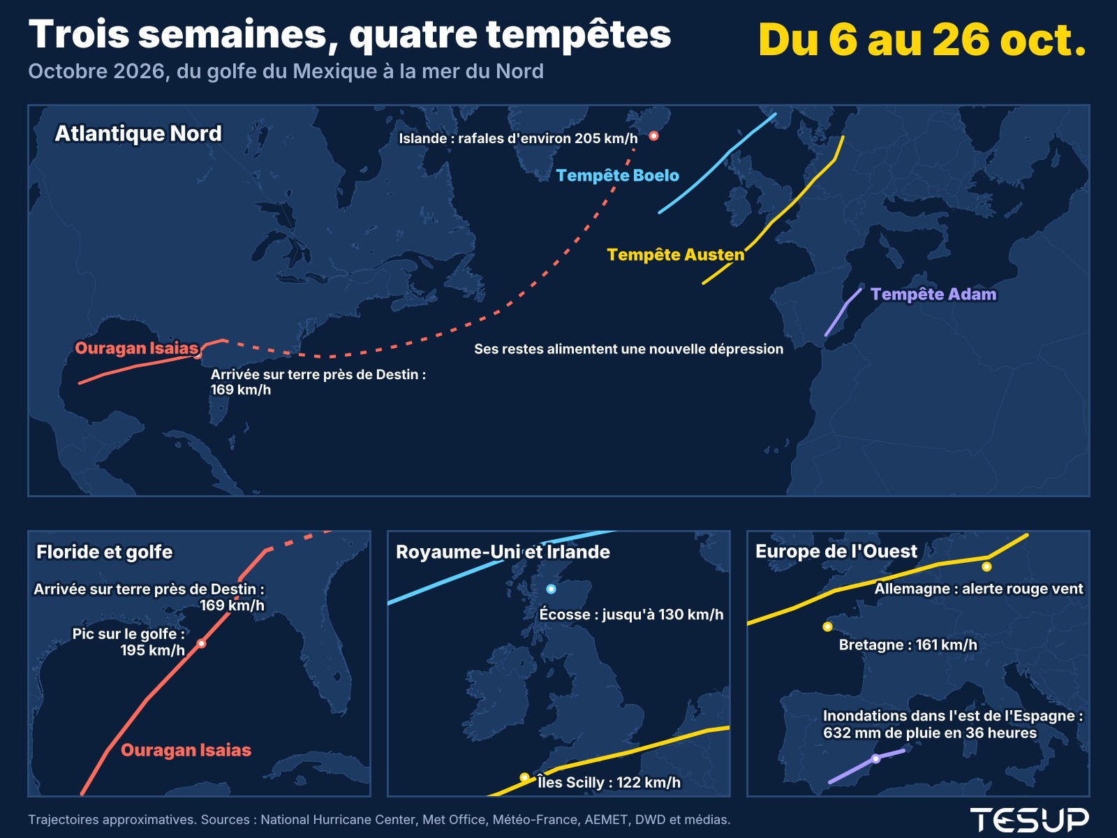 Carte animée des tempêtes d'octobre 2026 : l'ouragan Isaias frappe la Floride, ses restes alimentent une profonde dépression près de l'Islande, la tempête Adam inonde l'est de l'Espagne, et les tempêtes Austen et Boelo traversent le Royaume-Uni, la France et l'Allemagne
