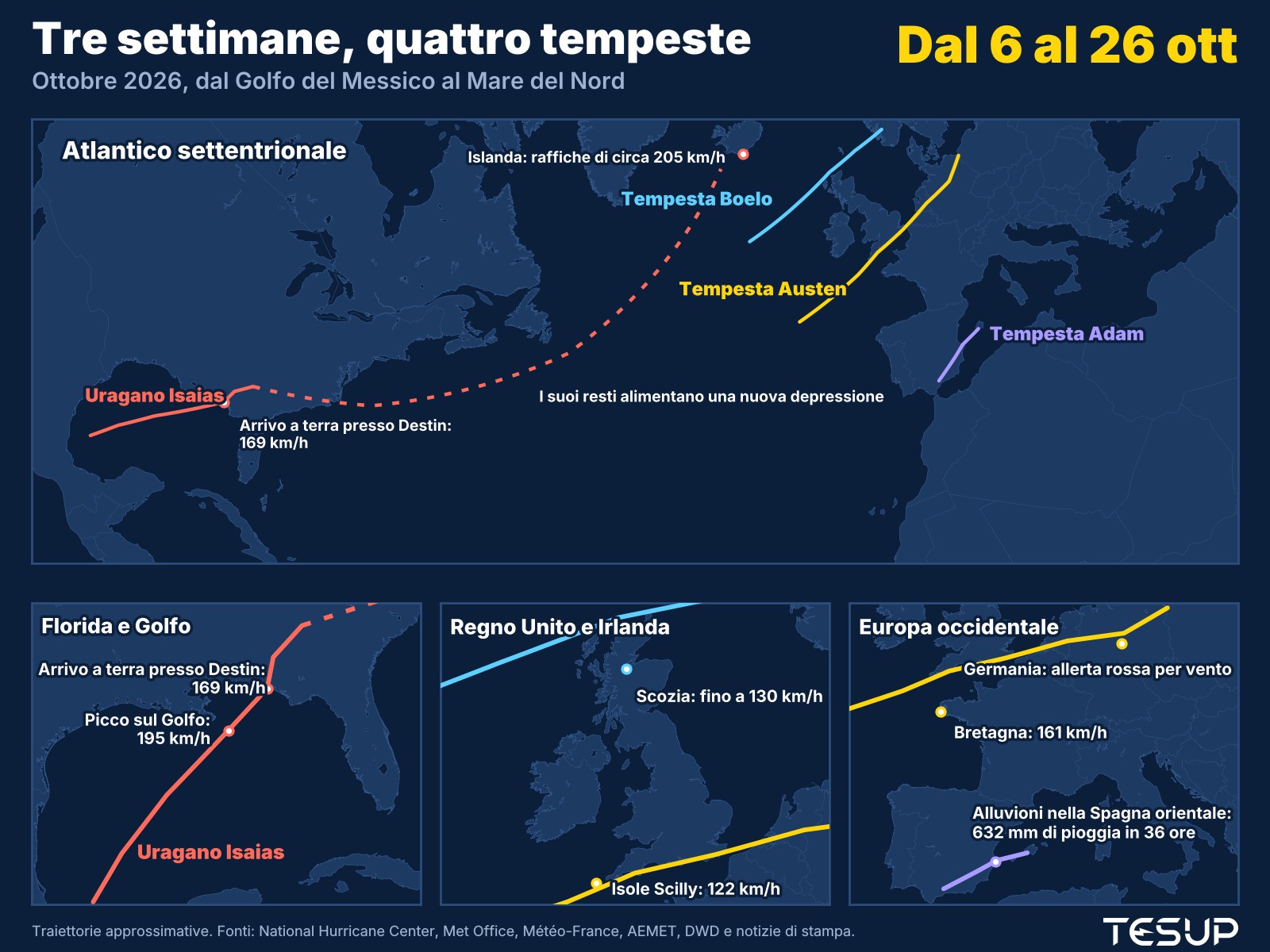 Mappa animata delle tempeste di ottobre 2026: l'uragano Isaias colpisce la Florida, i suoi resti alimentano una profonda depressione vicino all'Islanda, la tempesta Adam allaga la Spagna orientale e le tempeste Austen e Boelo attraversano Regno Unito, Francia e Germania