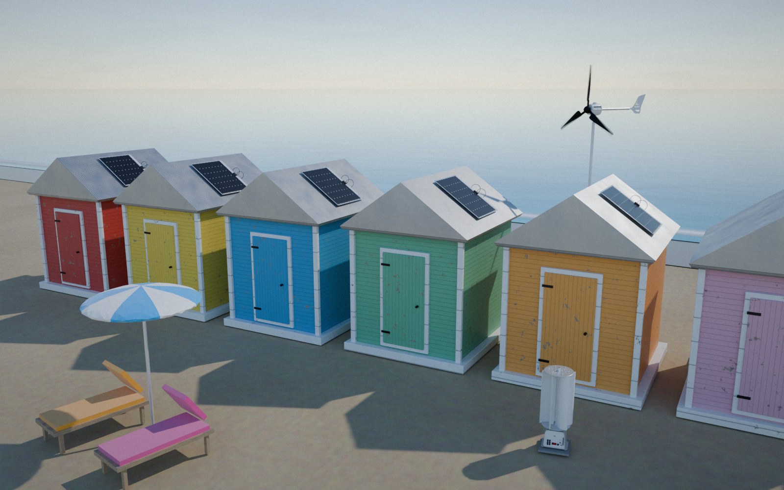 A row of colourful beach huts with TESUP flexible solar panels on their roofs, and a Magnum wind turbine turning by the sea