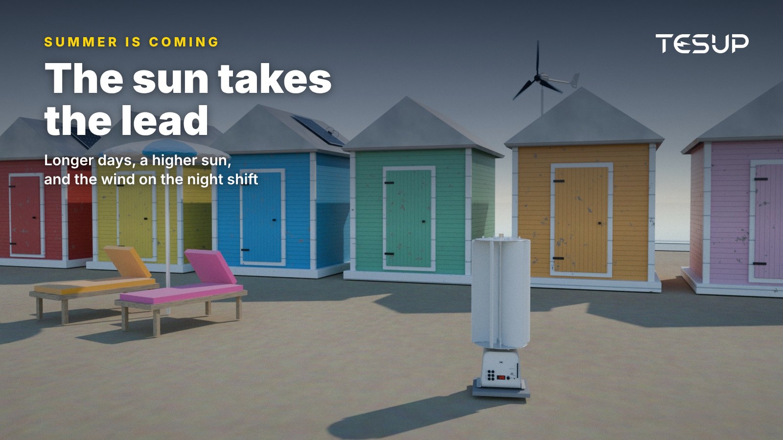 Colourful beach huts with TESUP flexible solar panels on their roofs, an Atlas wind turbine on the sand and a Magnum turbine by the sea, with the headline: summer is coming