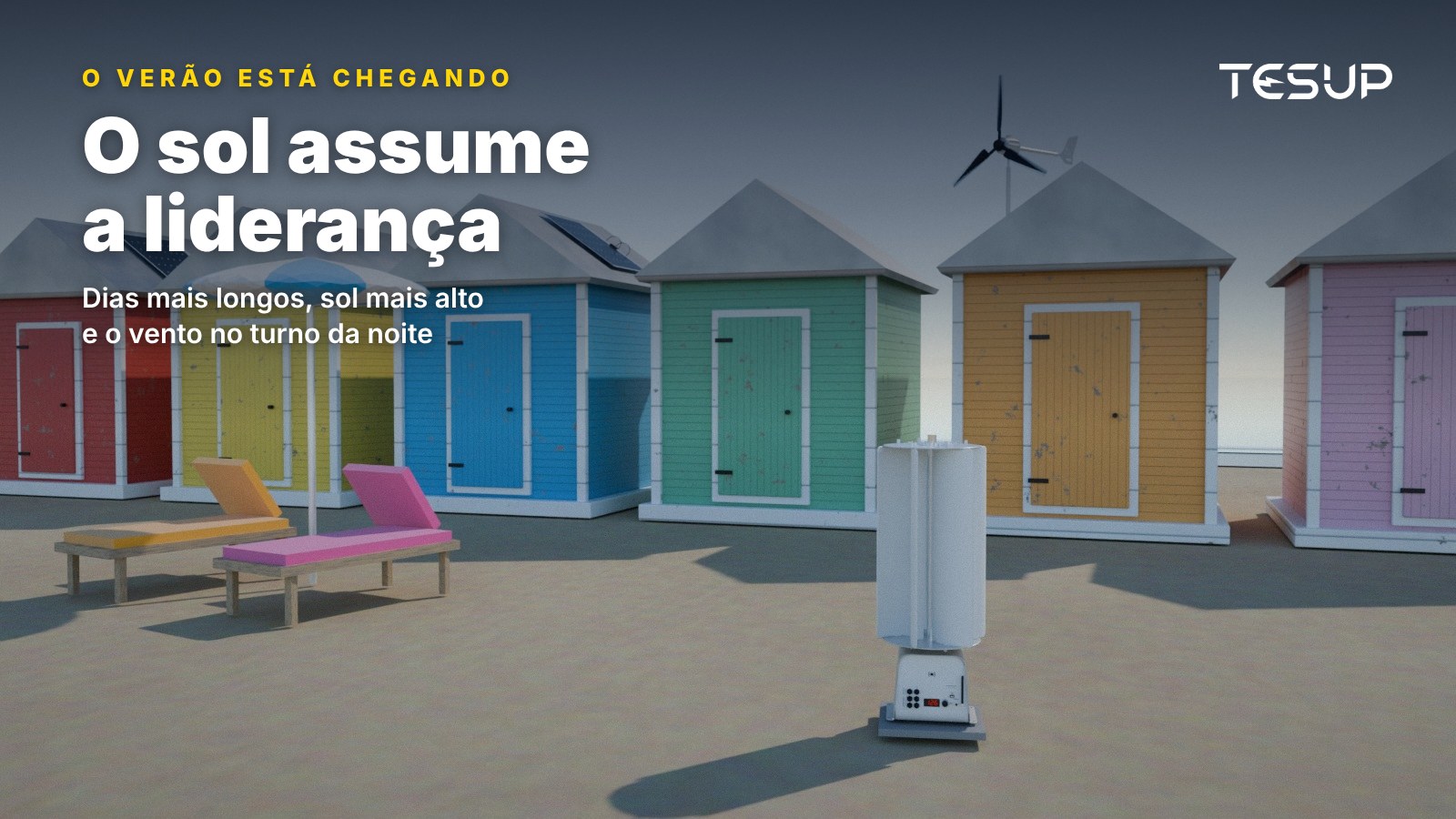 Cabanas de praia coloridas com painéis solares flexíveis TESUP nos telhados, uma turbina eólica Atlas na areia e uma turbina Magnum à beira-mar, com o título: o verão está chegando
