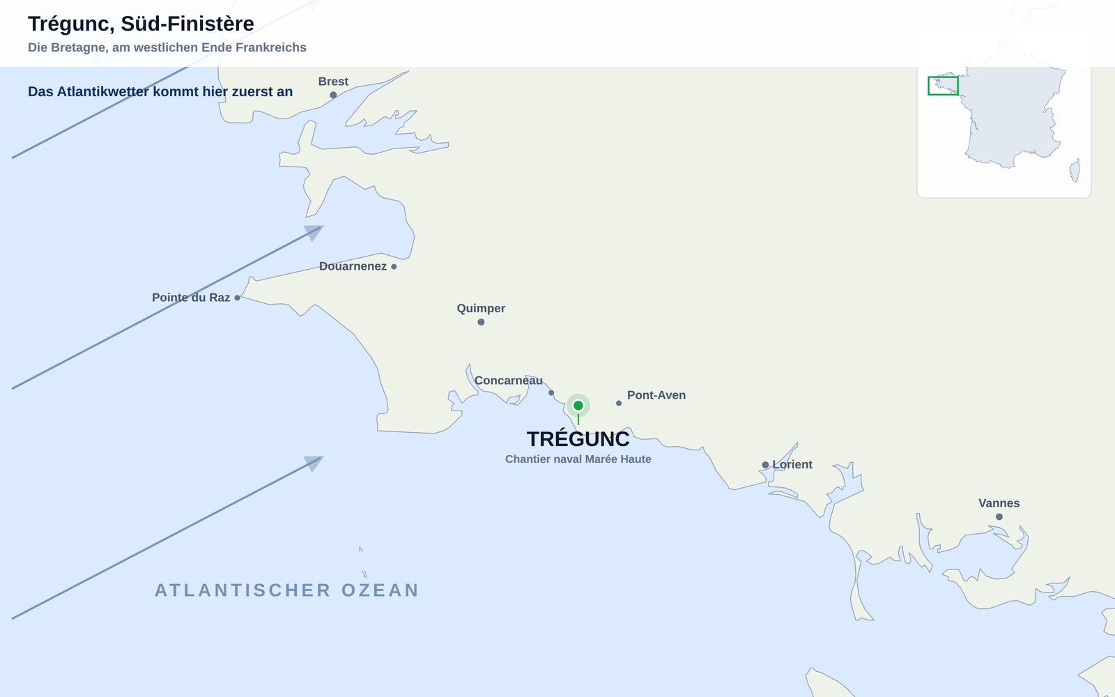Karte der Südküste des Finistère mit Trégunc zwischen Concarneau und Pont-Aven, mit Brest, Quimper und Lorient zur Orientierung und dem offenen Atlantik im Südwesten