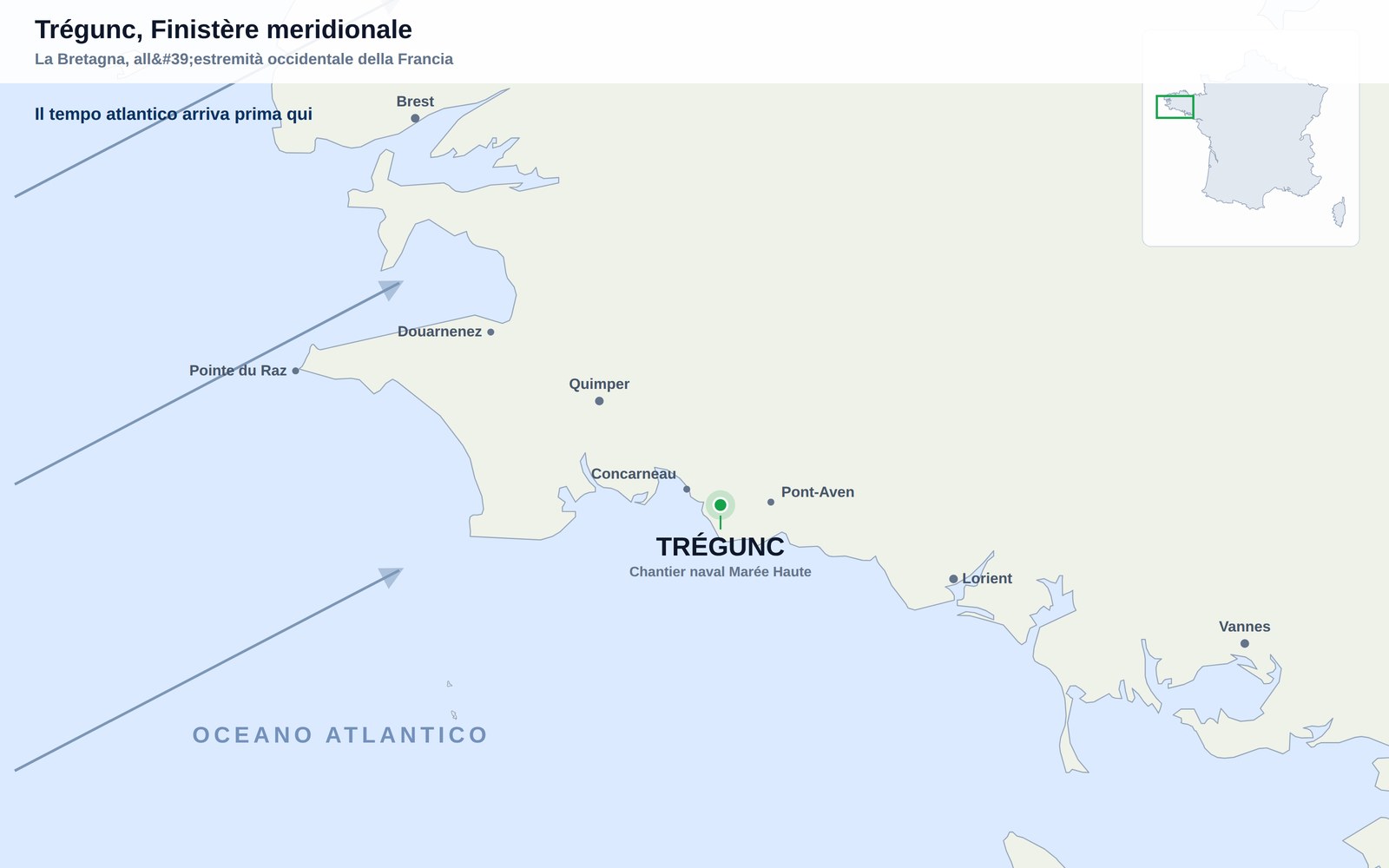 Mappa della costa meridionale del Finistère con Trégunc fra Concarneau e Pont-Aven, con Brest, Quimper e Lorient come riferimento e l'Atlantico aperto a sud-ovest