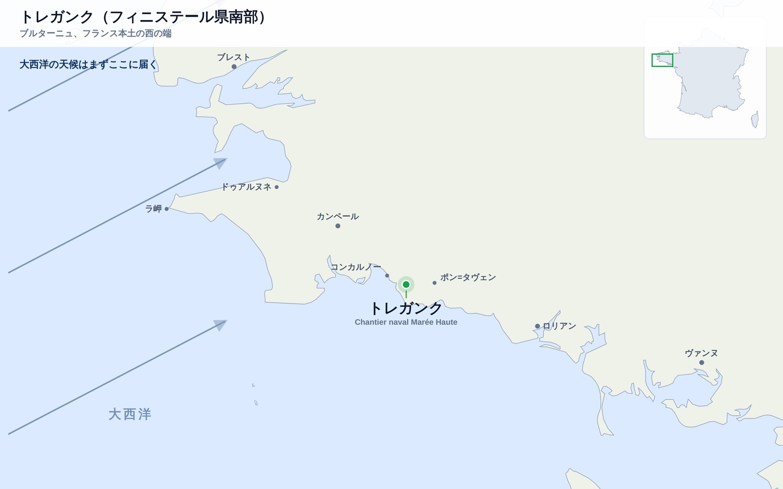 フィニステール南岸の地図。コンカルノーとポン=タヴェンのあいだにトレガンク、目印としてブレスト、カンペール、ロリアン、南西に開けた大西洋