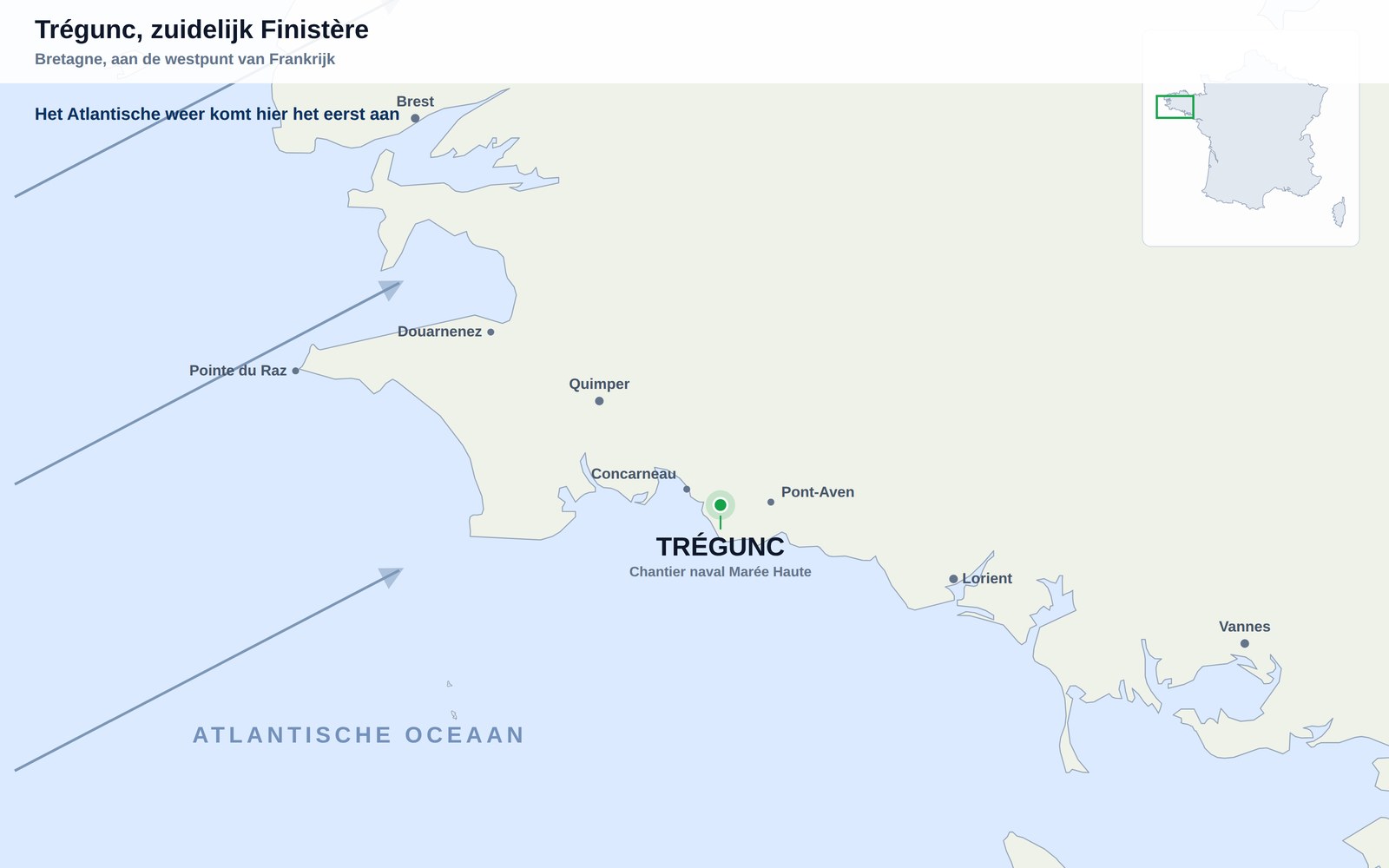 Kaart van de zuidkust van Finistère met Trégunc tussen Concarneau en Pont-Aven, met Brest, Quimper en Lorient ter oriëntatie en de open Atlantische Oceaan in het zuidwesten