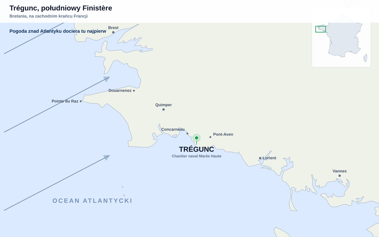 Mapa południowego wybrzeża Finistère z Trégunc między Concarneau a Pont-Aven, z Brestem, Quimper i Lorient dla orientacji oraz otwartym Atlantykiem na południowym zachodzie